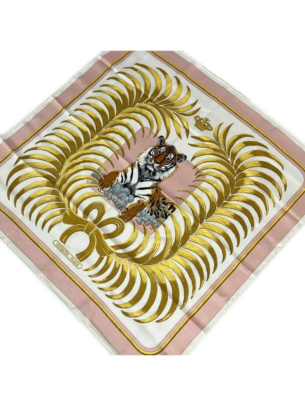 Hermes Scarf Carre 70 Ivory Light Pink Multi Vintage Tigre Royal